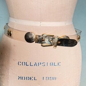 Vintage Clear Vinyl Belt with Gold Elephant Studs Transparent PVC Waist Belt